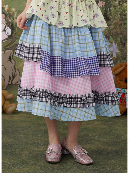 Plaid Print Cotton Lace Midi Skirt【s0000017119】