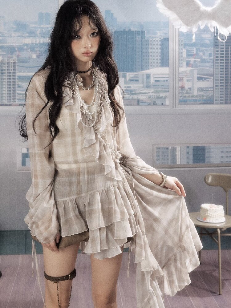 Plaid Ruffled Sunscreen Long Shirt【s0000016531】