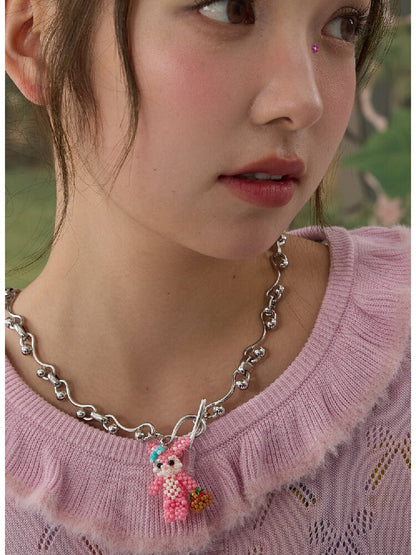 Handmade Pink Beaded Bunny Necklace【s0000016188】