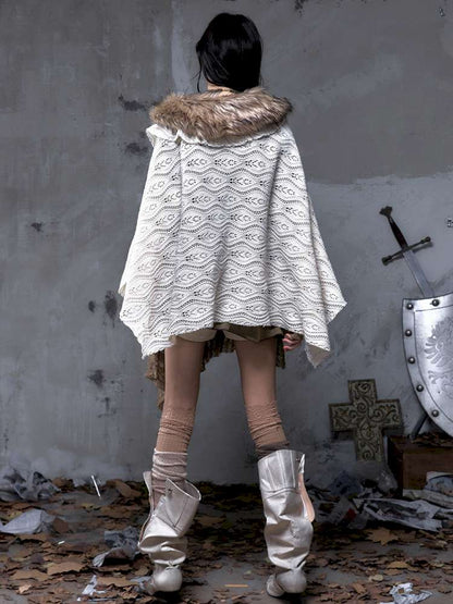 Knit Fur Collar Shawl Cape【s0000014659】