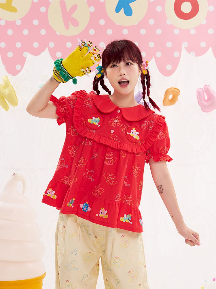 Animal angel heavy embroidery red doll shirt【s0000013184】