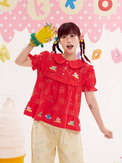 Animal angel heavy embroidery red doll shirt【s0000013184】