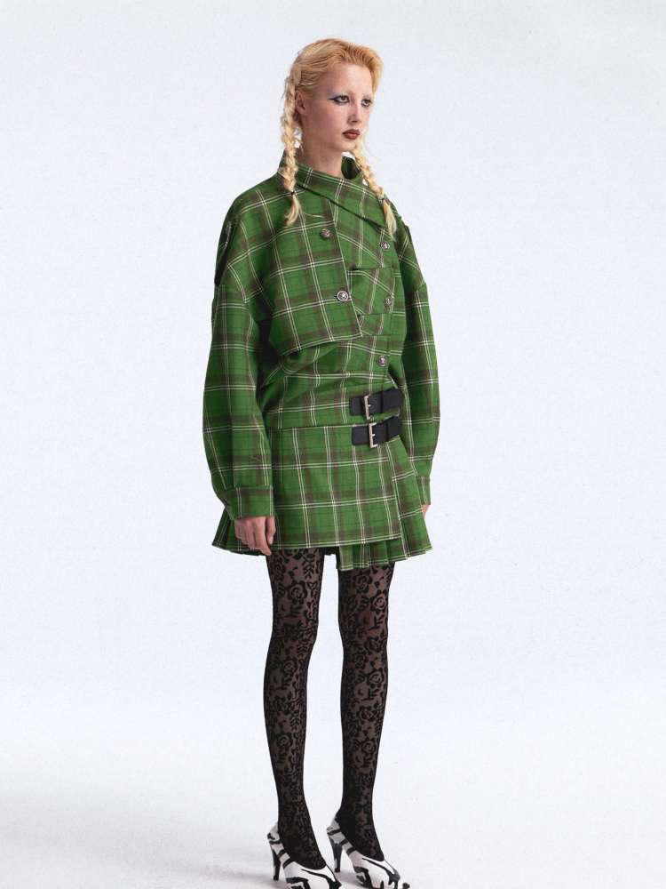 Asymmetrical Pleated Check Coat【s0000015390】