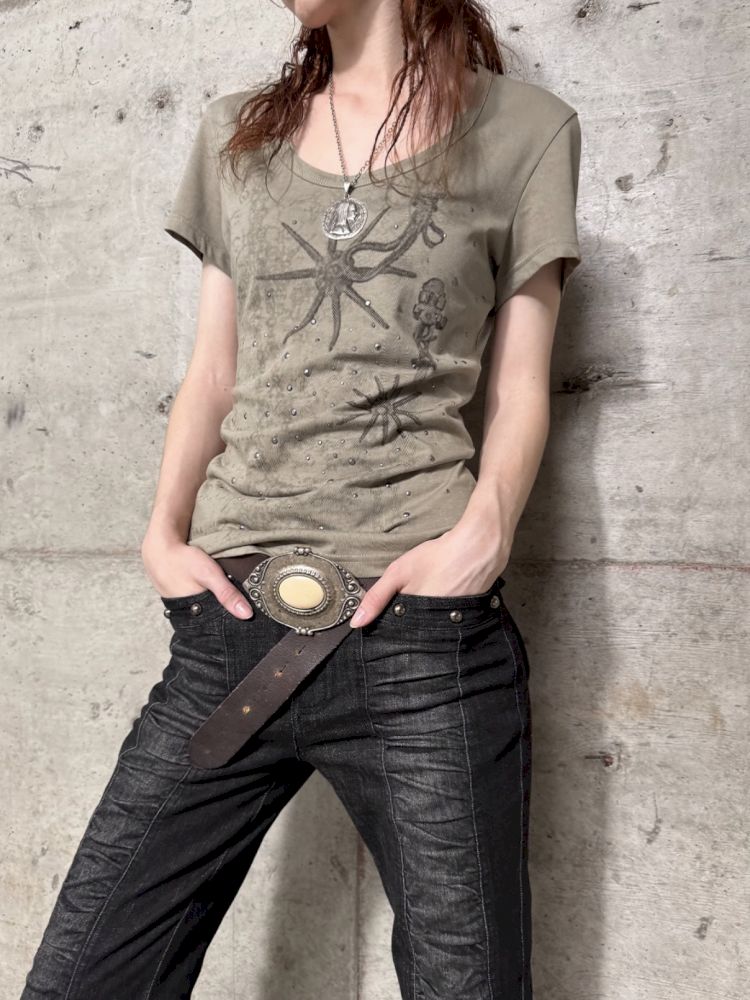 Basic Style Western Print Rhinestone T-Shirt【s0000012833】