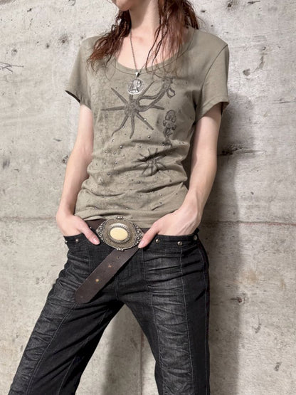 Basic Style Western Print Rhinestone T-Shirt【s0000012833】