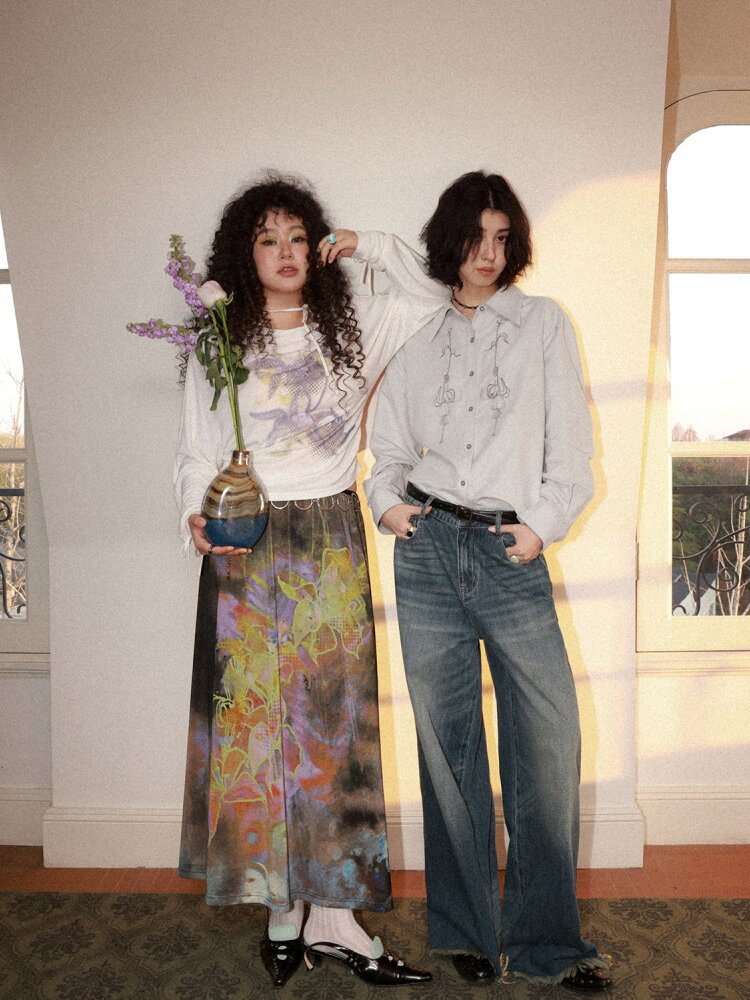 Suede Embroidered Lantern Sleeve Top【s0000015461】