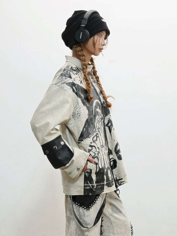 Old Printed Motorcycle Punk Thick Leather Jacket【s0000014829】
