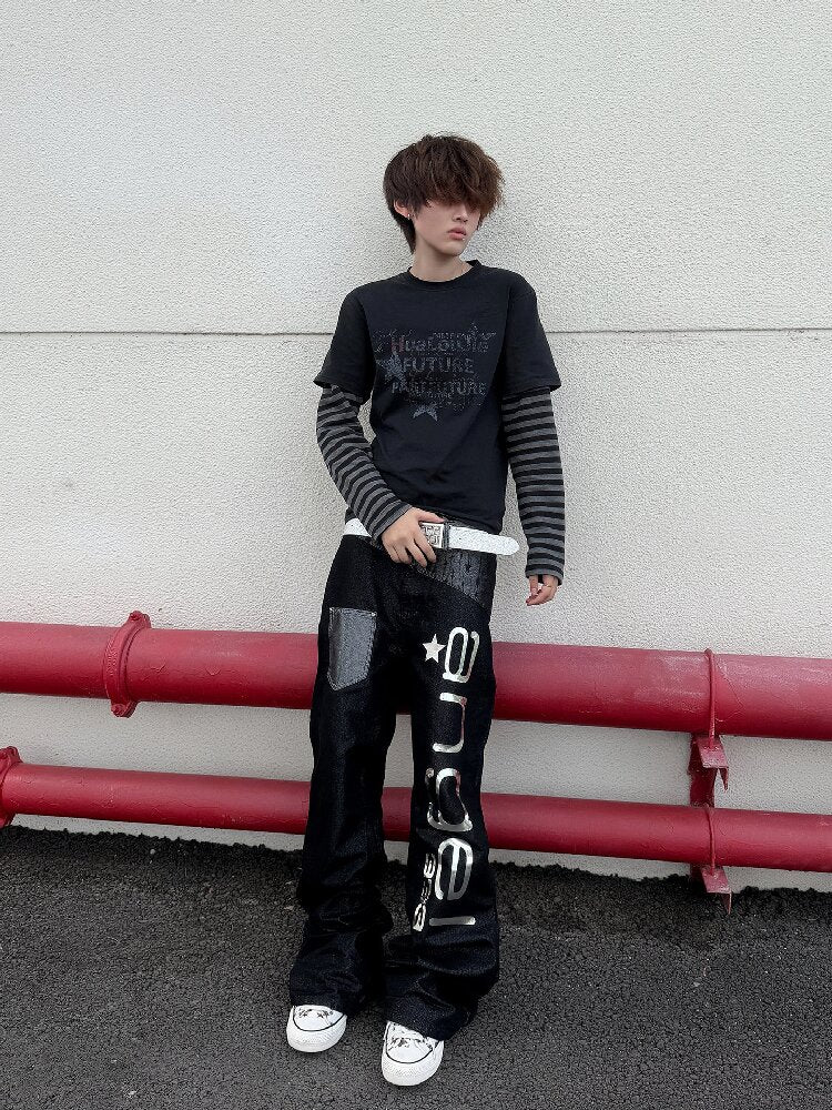 Silver Lace Patchwork Letter Print Jeans【s0000019263】