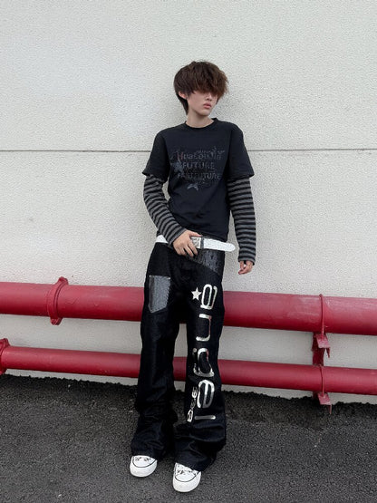 Silver Lace Patchwork Letter Print Jeans【s0000019263】
