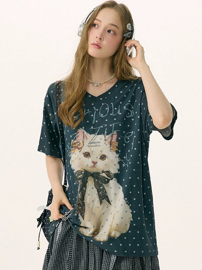 Loose Polka Dot Cat Print T-Shirt【s0000016856】