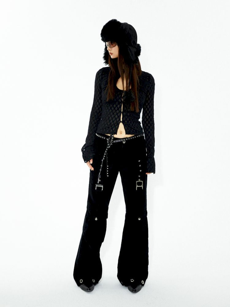 D-ring air eyelets decorated loose thin straight pants【s0000006272】