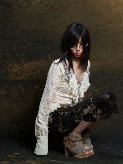 Ruffle Double Layer Collar Slim Shirt【s0000011814】