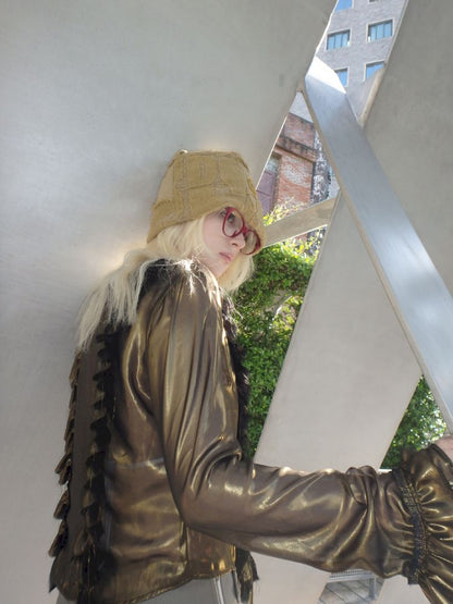 Metal antique bronze broken mesh cardigan【s0000013177】