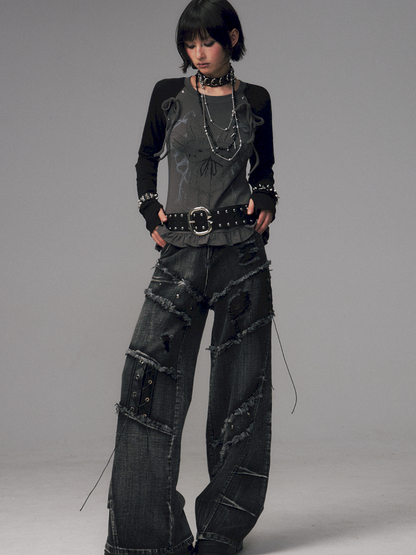 Raw-Edge Washed Distressed Riveted Pants【s0000014453】