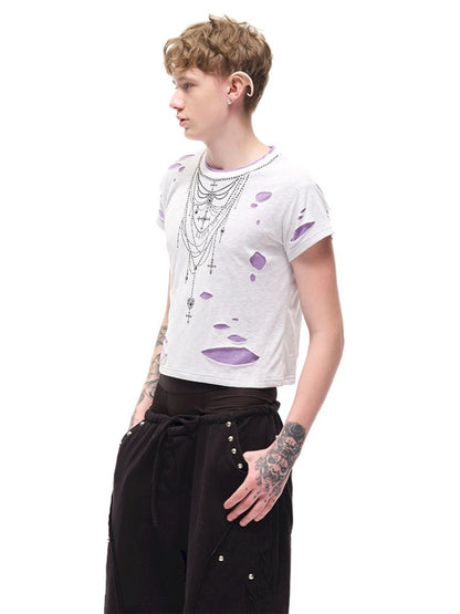 Rhinestone necklace ripped t-shirt【s0000012596】