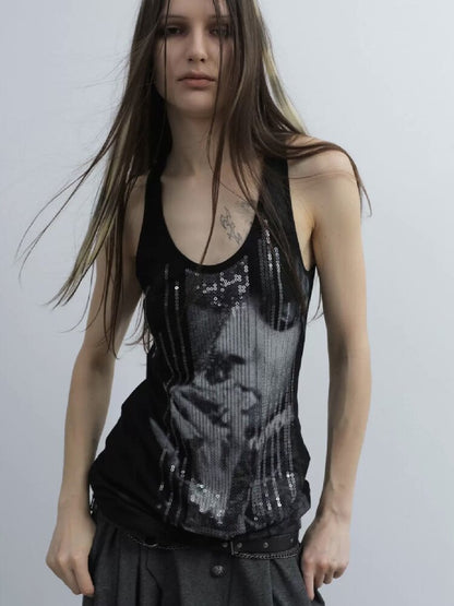 Silver Sequin Print U Neck Vest【s0000016566】