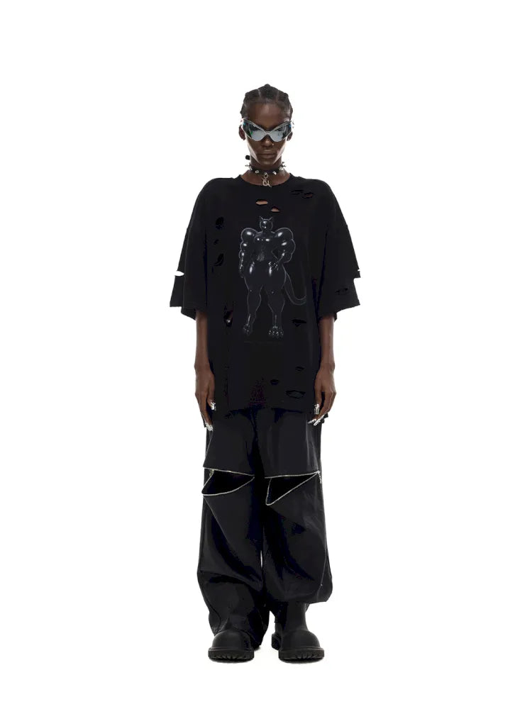 Cat Print Distressed T-Shirt with Drawstring Waist【s0000014018】