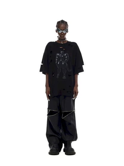 Cat Print Distressed T-Shirt with Drawstring Waist【s0000014018】