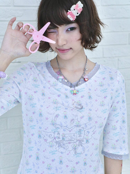 Floral V-Neck Mid-Sleeve Tee【s0000017133】