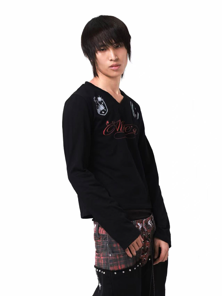 Dark V Neck Gauze Long Sleeve Shirt【s0000018197】