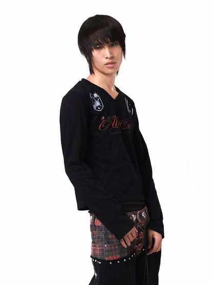 Dark V Neck Gauze Long Sleeve Shirt【s0000018197】