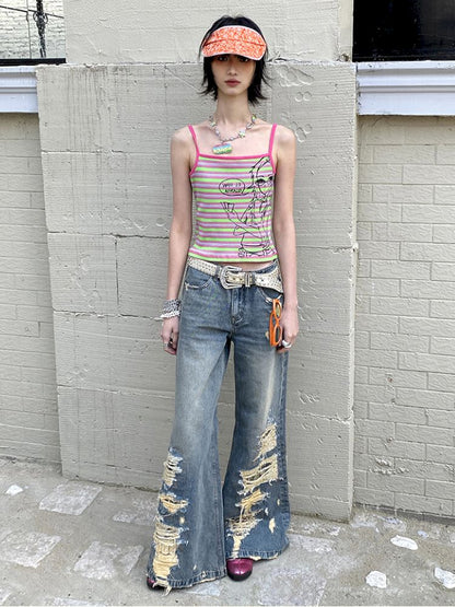 Card-playing girl striped tank top【s0000012959】