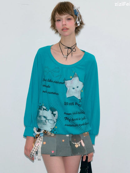 Lantern Sleeve Cat Print T-Shirt【s0000017877】