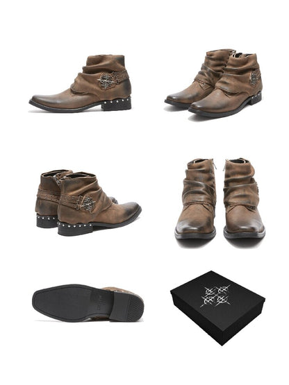 Waxed Leather Riveted Square Toe Boots【s0000019125】