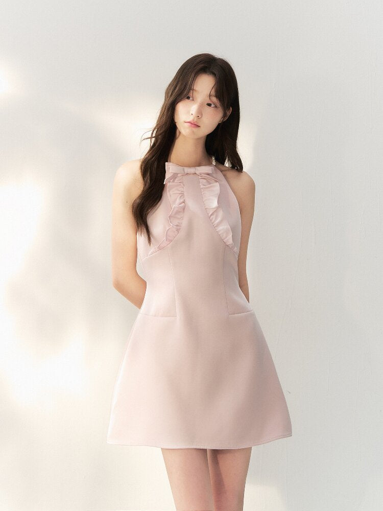 Glossy Satin Ruffled Halter Dress【s0000016873】