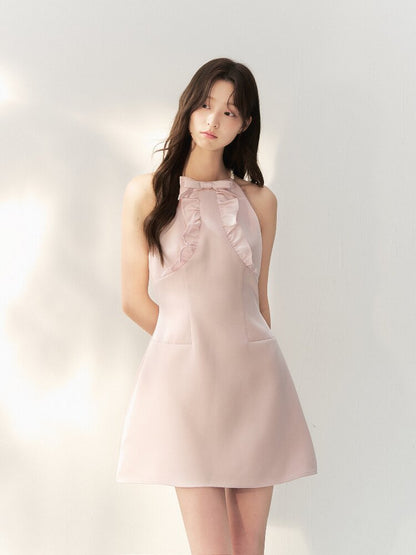 Glossy Satin Ruffled Halter Dress【s0000016873】