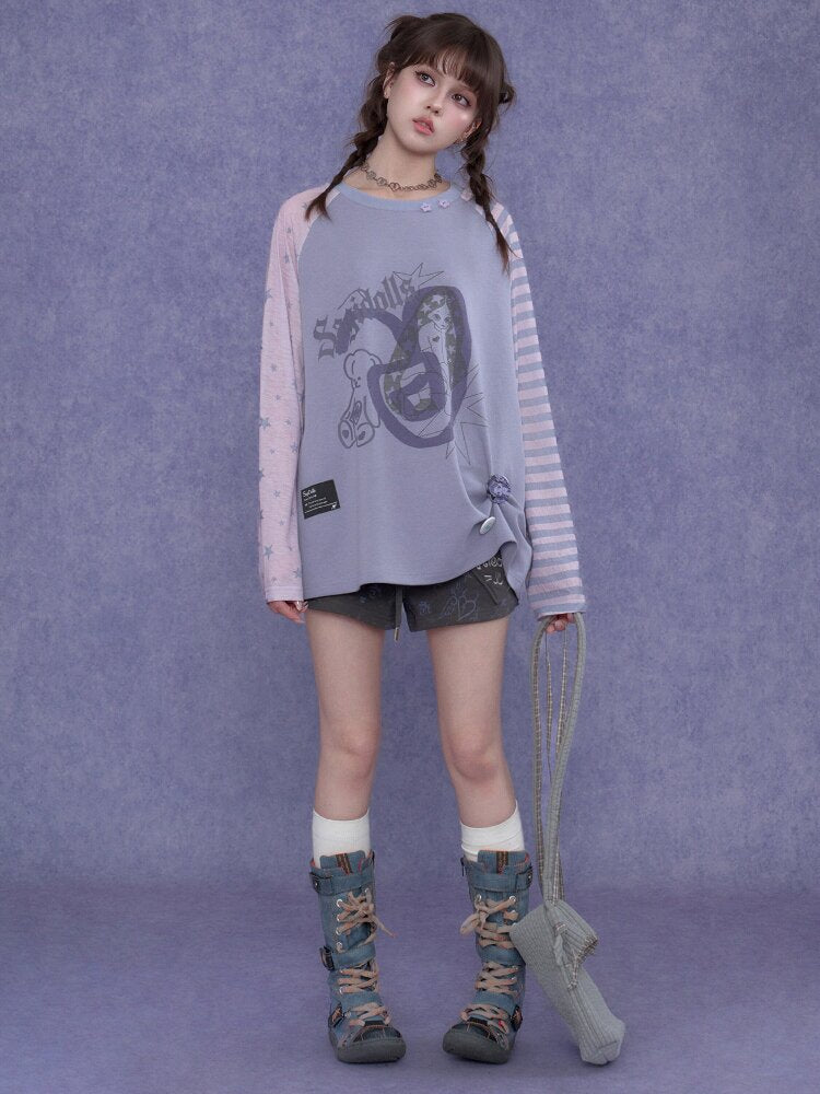 Doodle Print Raglan Sleeve T-Shirt【s0000017867】