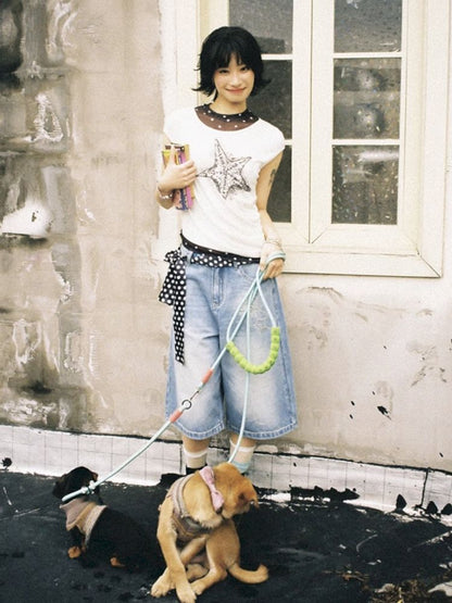 Starfish hot drill denim wide-leg shorts【s0000012288】