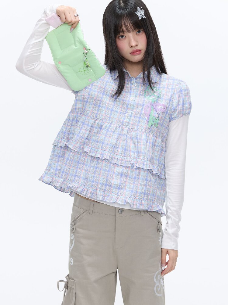 Purple Plaid Lace Short Sleeve Shirt【s0000016405】