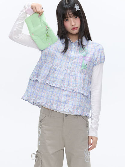 Purple Plaid Lace Short Sleeve Shirt【s0000016405】
