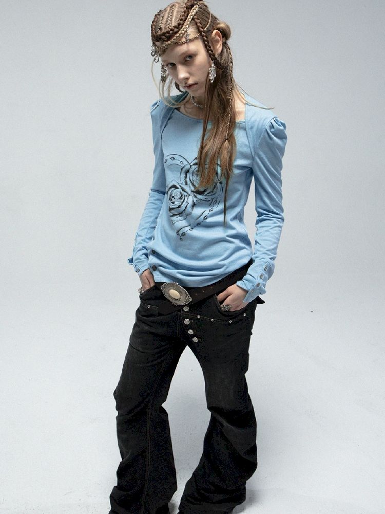 Bubble Sleeve Square Neck Printed Long Sleeve Tee【s0000011840】