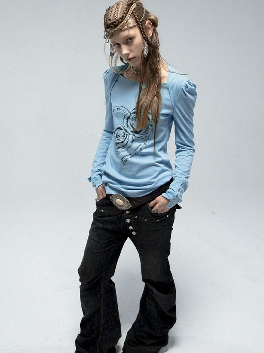 Bubble Sleeve Square Neck Printed Long Sleeve Tee【s0000011840】