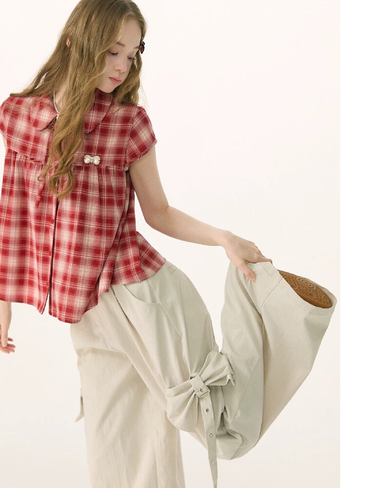 Doll Neck Bow Plaid Preppy Shirt【s0000016850】