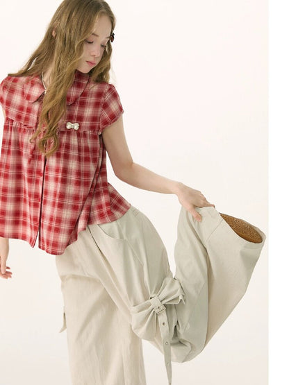 Doll Neck Bow Plaid Preppy Shirt【s0000016850】