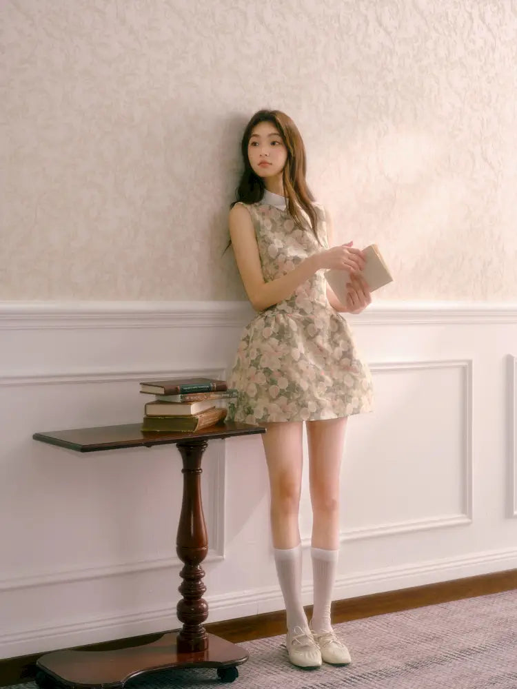 Rose Oil Painting Shirt Collar Sleeveless Dress【s0000014340】