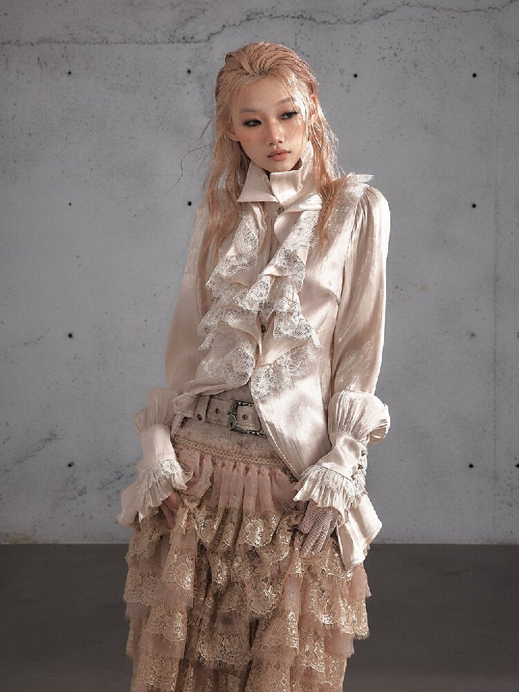 Ruffled Lace Satin Silk Shirt【s0000019157】