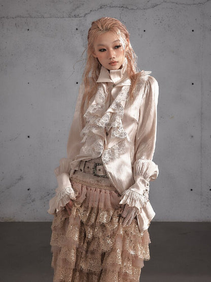Ruffled Lace Satin Silk Shirt【s0000019157】