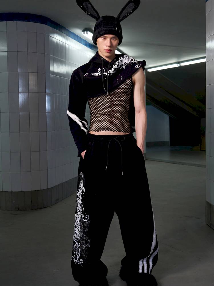 Splatter-Printed Lace-Trimmed Faux Two-Piece Hoodie【s0000014418】