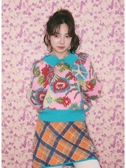 Pink Green Flower Knitted Sweater【s0000015370】