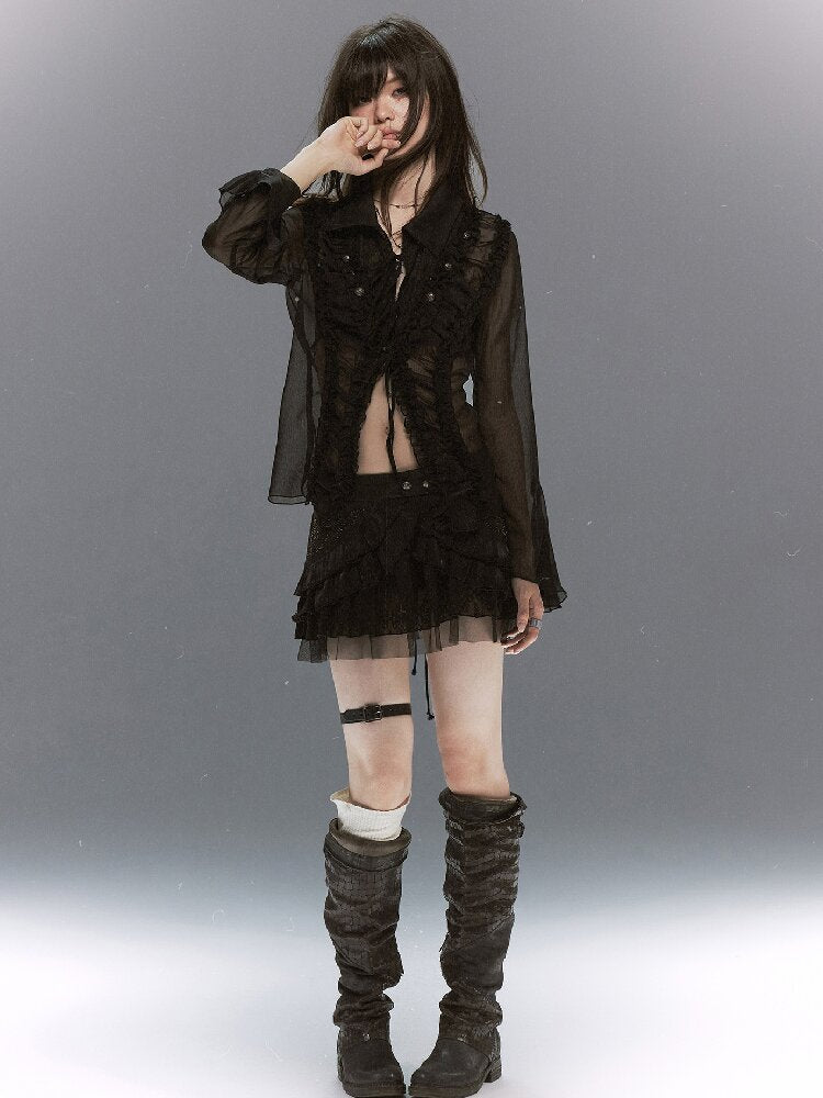 Sheer Chiffon Patchwork Lace Shirt【s0000017500】