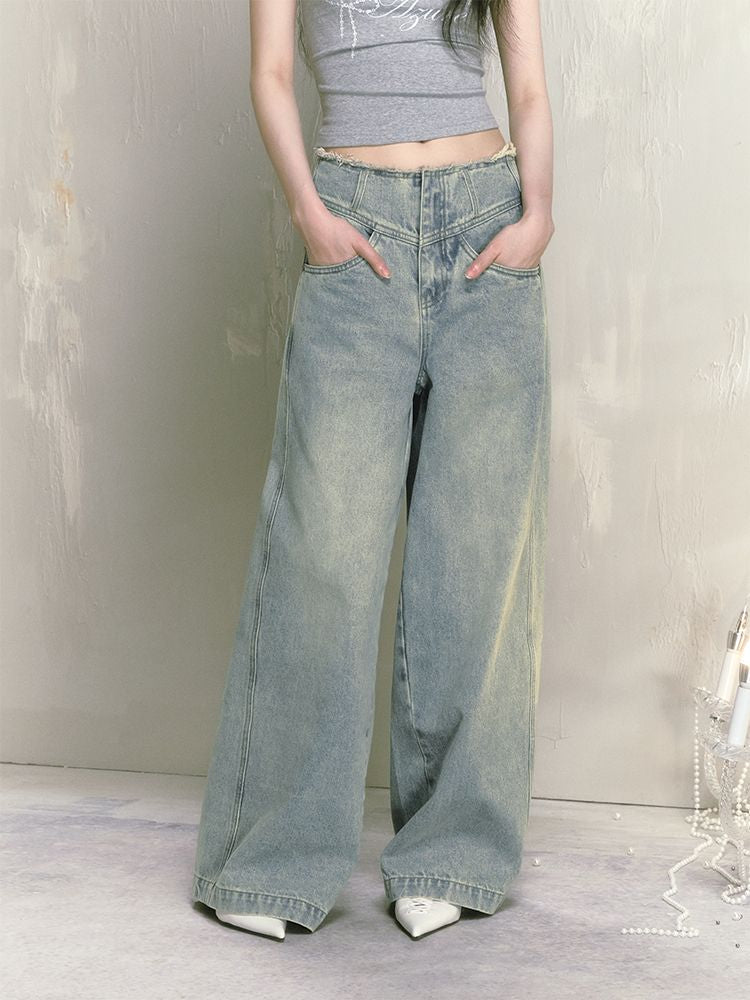 Wide-leg broken holes micro-laundry jeans【s0000012140】