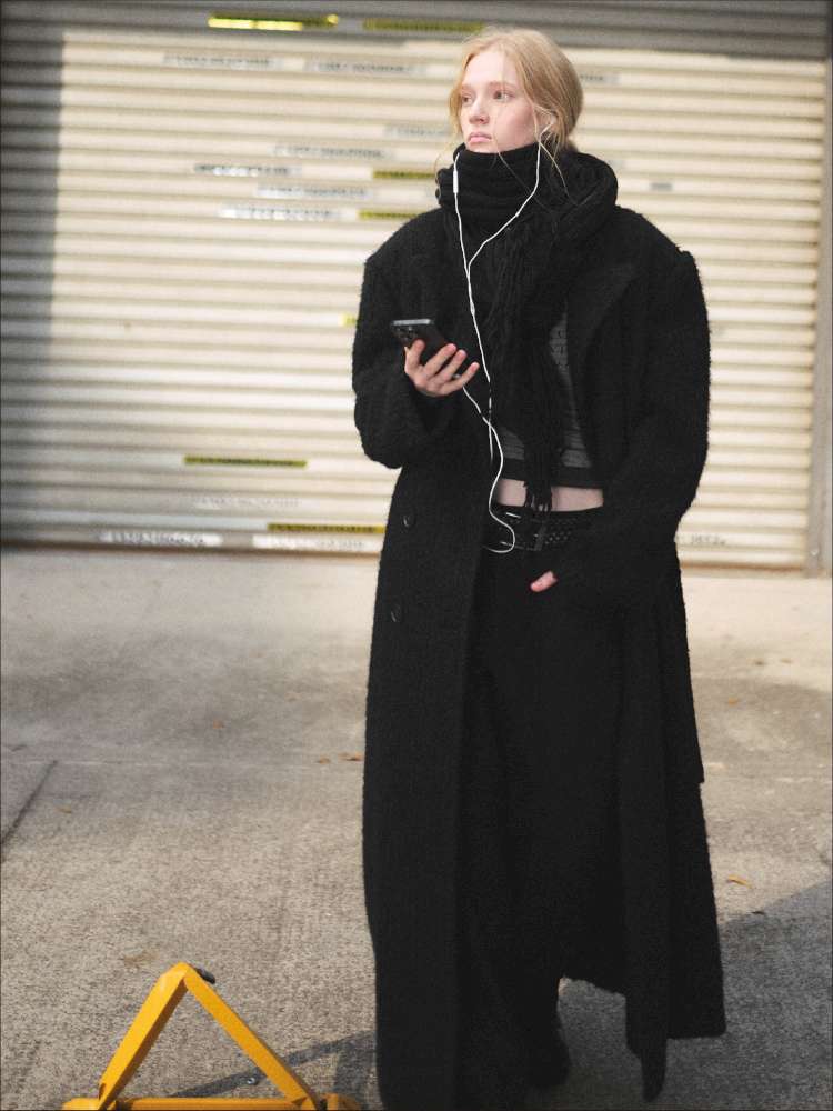 Black Woolen Loose Double-Breasted Coat【s0000014875】