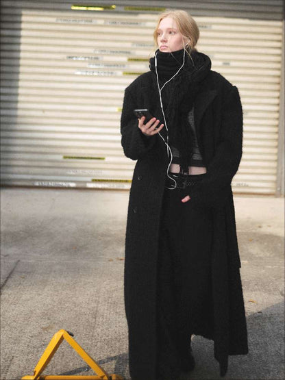 Black Woolen Loose Double-Breasted Coat【s0000014875】