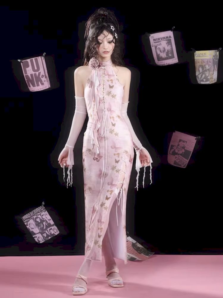 Butterfly Print Slit Tie Long Pink Cheongsam Dress [S0000009726]