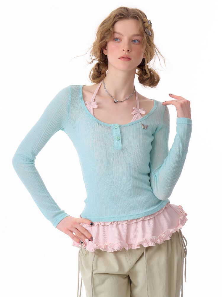 Trim jersey semi-sheer long-sleeved T-shirt 【s0000011676】