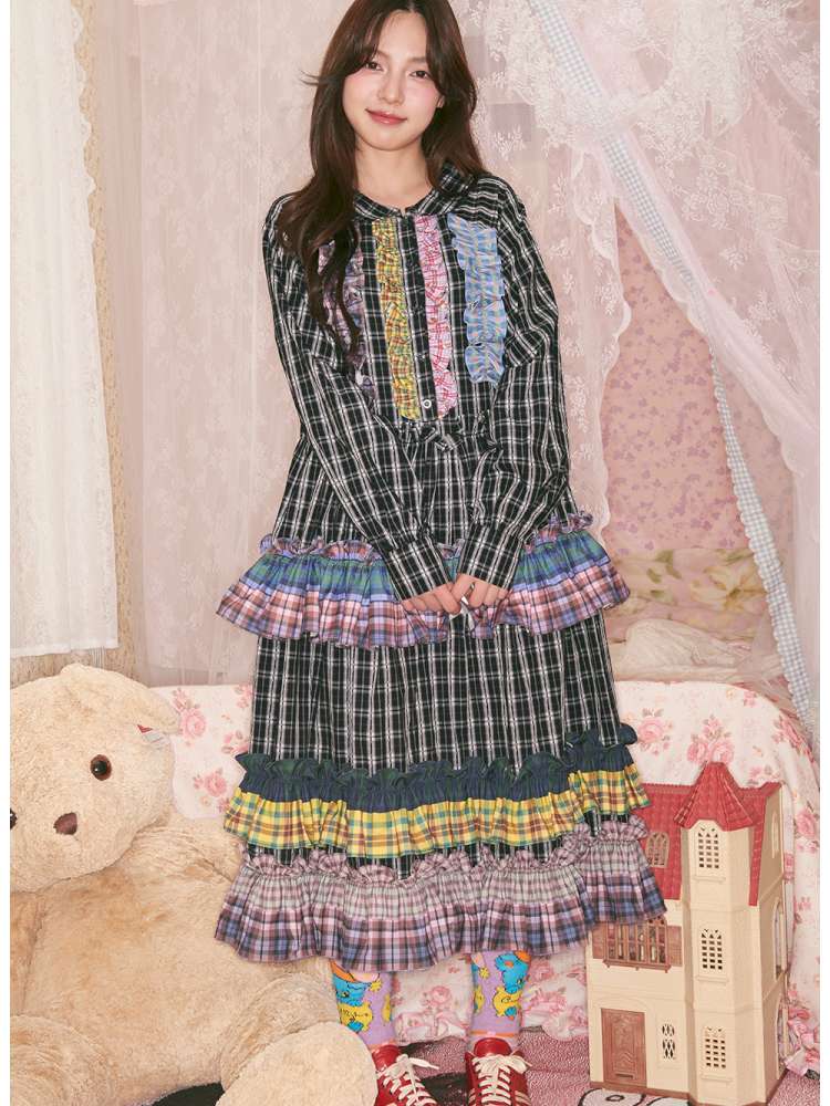 Colorful Lace Plaid Patchwork Black Dress【s0000014823】